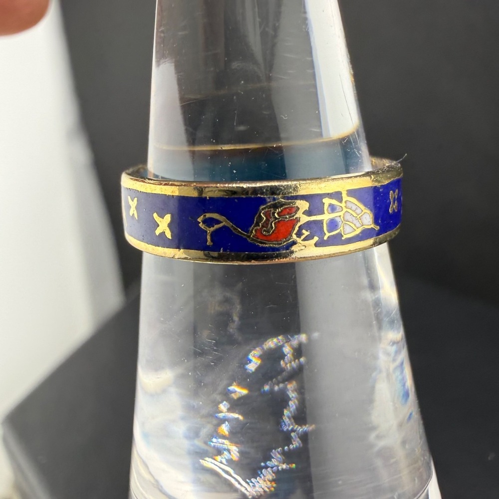 Vintage Estate Cloisonne Enamel Band Ring Blue Gold Floral 4.75